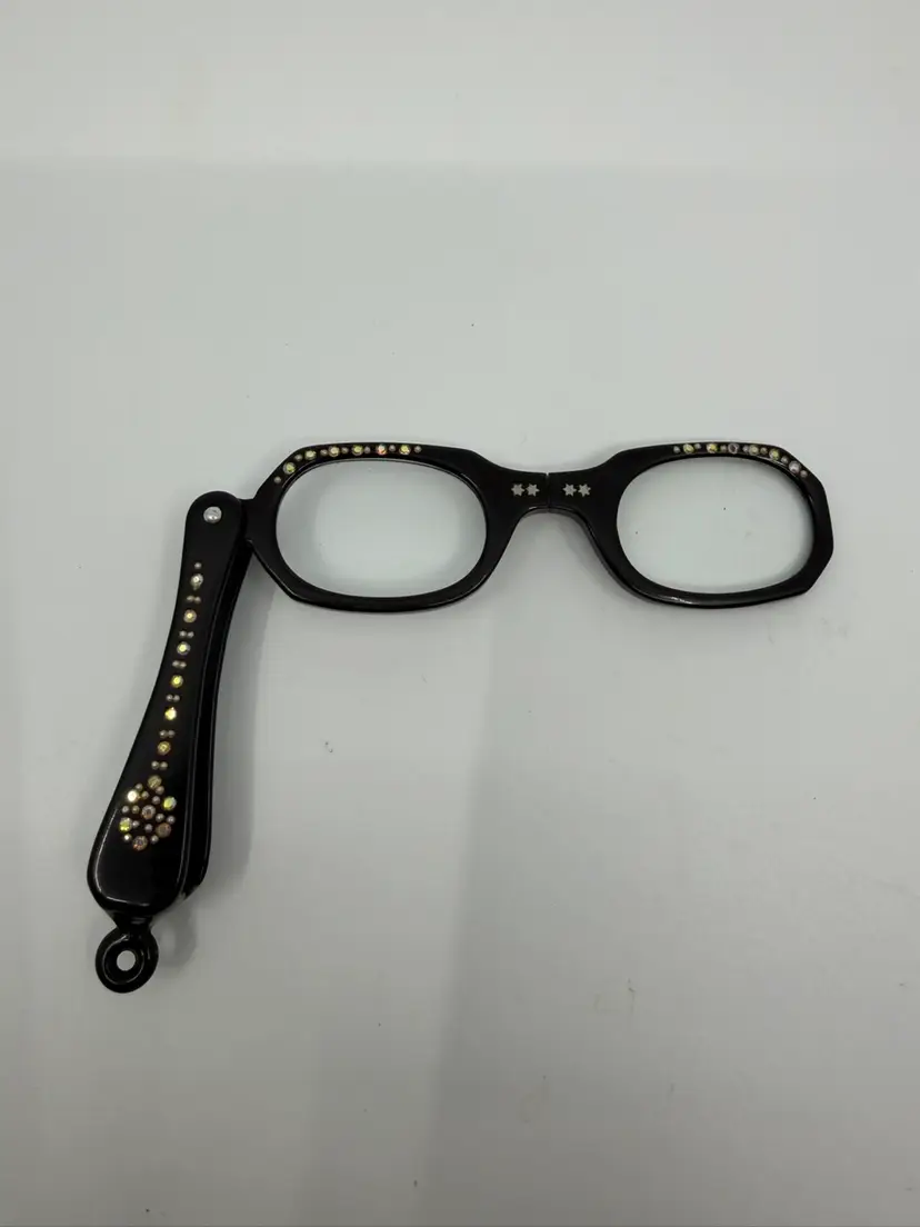 Vintage Folding Lorgnette Opera-reading Glasses Black Lucite Embellished W Rhinestones