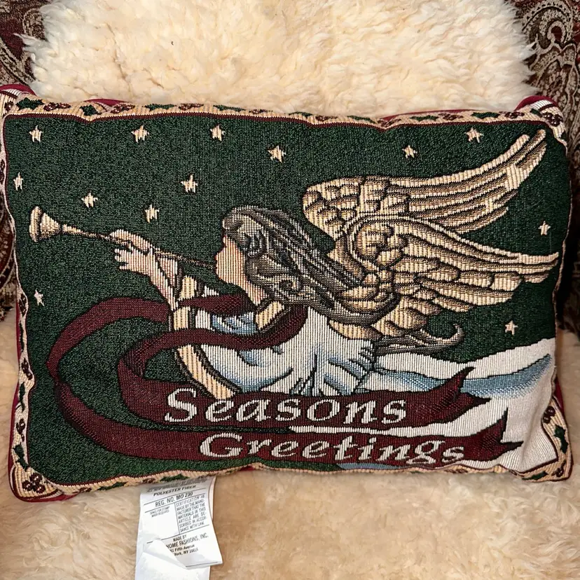 Vintage Arlee Home Fashions Tapestry Season Greetings Angel Throw Pillow Made In USA