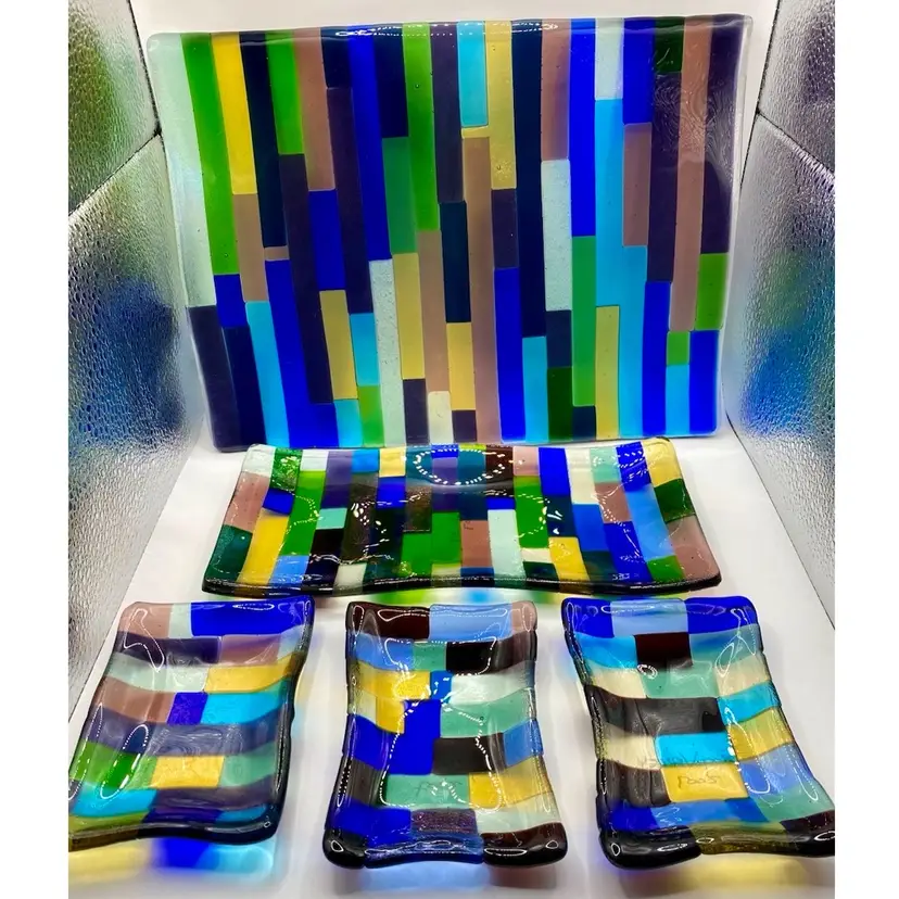 Frog Valley Artisans, Signed Colorful Fused Glass Serving Plates (Set of 5)