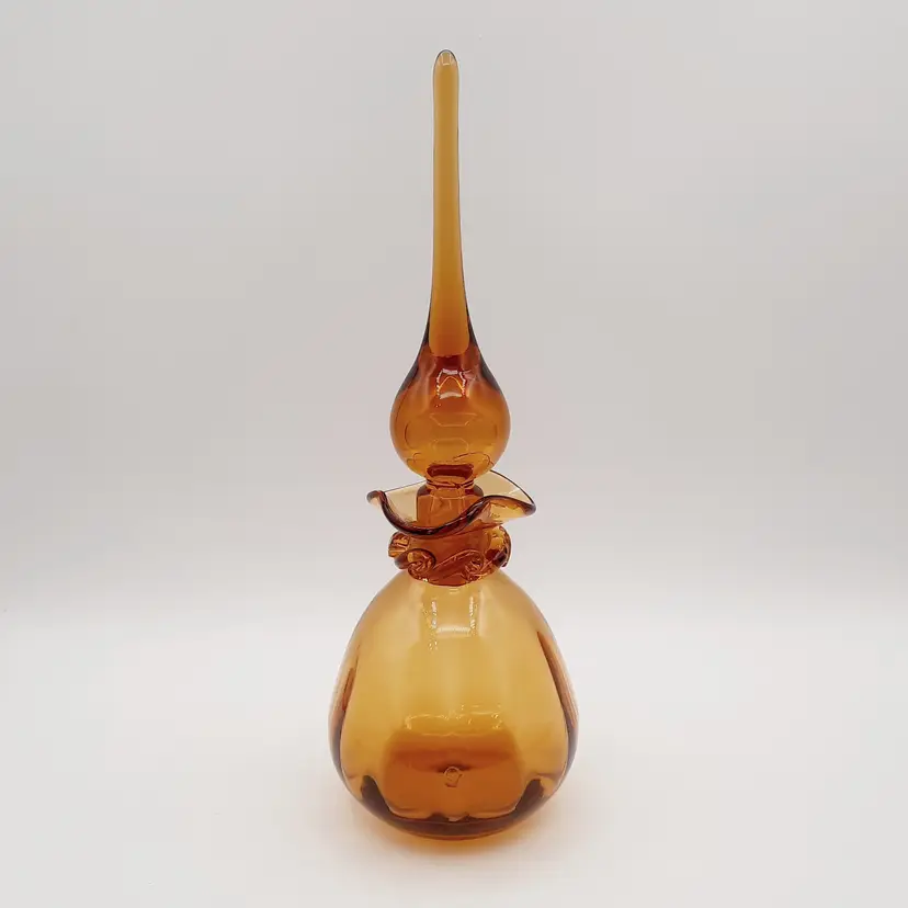 Vintage Amber Blown Glass Bottle Decanter with Teardrop Flame Stopper Ruffled Ribbon Neck & Scalloped Rim