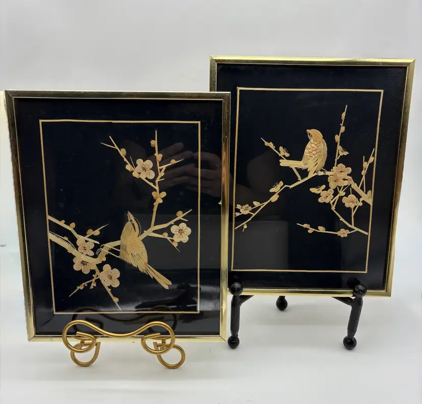 Vintage 2 Asian Bamboo Straw Art BirdBlossom Branch Tree Wood Framed 10x12