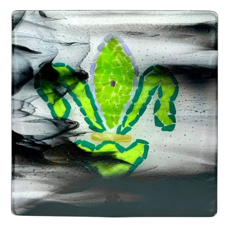 Fused Studio Art Glass Large Square Tile Trivet Fleur De Lis Green Purple Black