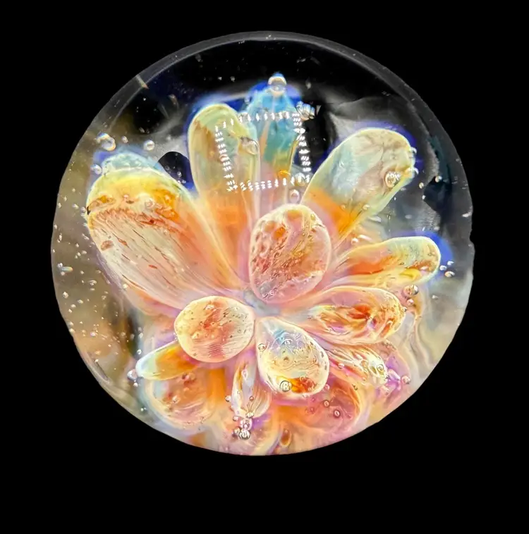 Contemporary Handmade Art Glass Marble .9" Pink Anemone Flower Implosion Boro