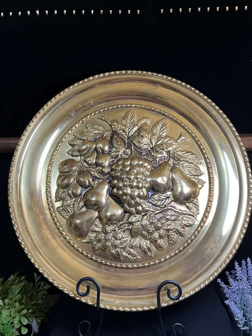 Vintage Brass Toned Metal Embossed w/ Fruit Wall Hanging-Lot 60