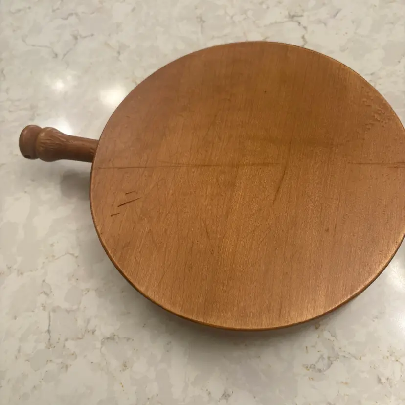 Vintage Round Wood Cutting Board Cheese Server with Handle & 4 Peg Feet