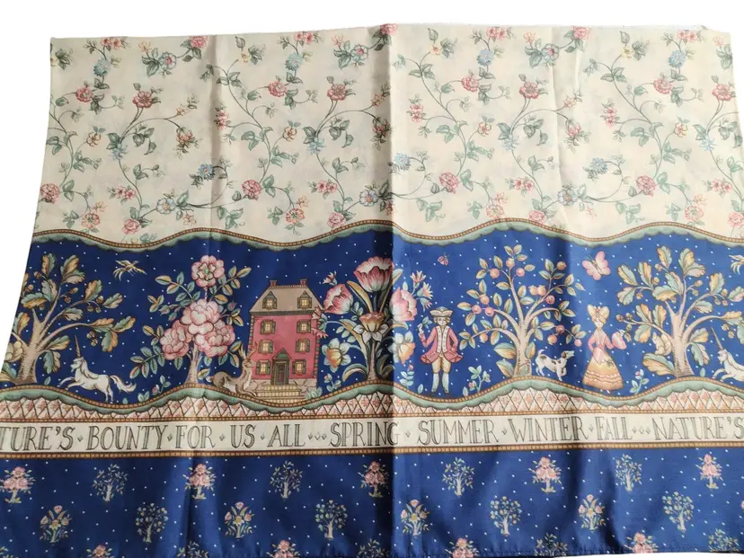 Vintage Floral Cotton Folk Art French Colonial Tablecloth Natures Bounty Unicorn