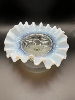 Antique 1910 Northwood Greek Key Opalescent Glass Ruffled Bowl