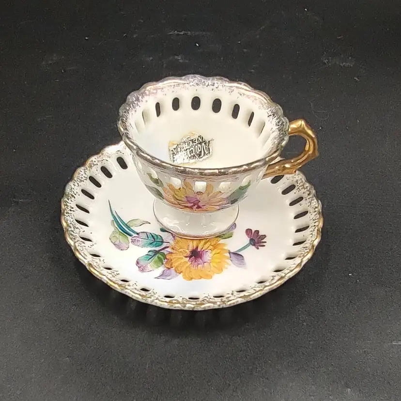 Vtg Norcrest Miniature Teacup and Saucer With Reticulated Edge