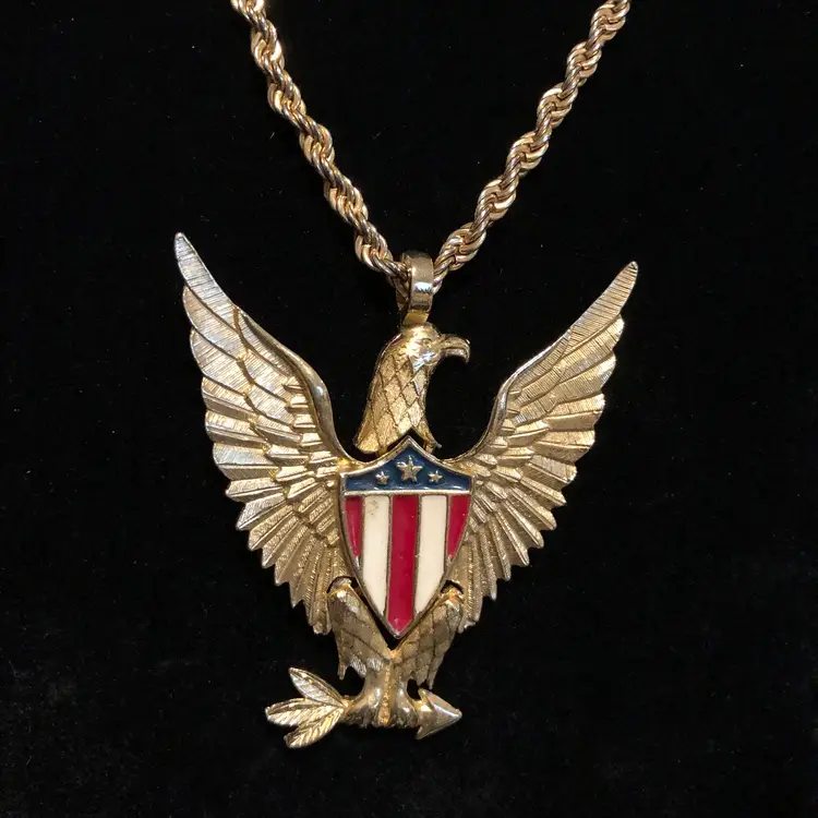 Vintage Red White Blue Gold-Tone Flying Eagle Carrying Arrow Pendant Necklace