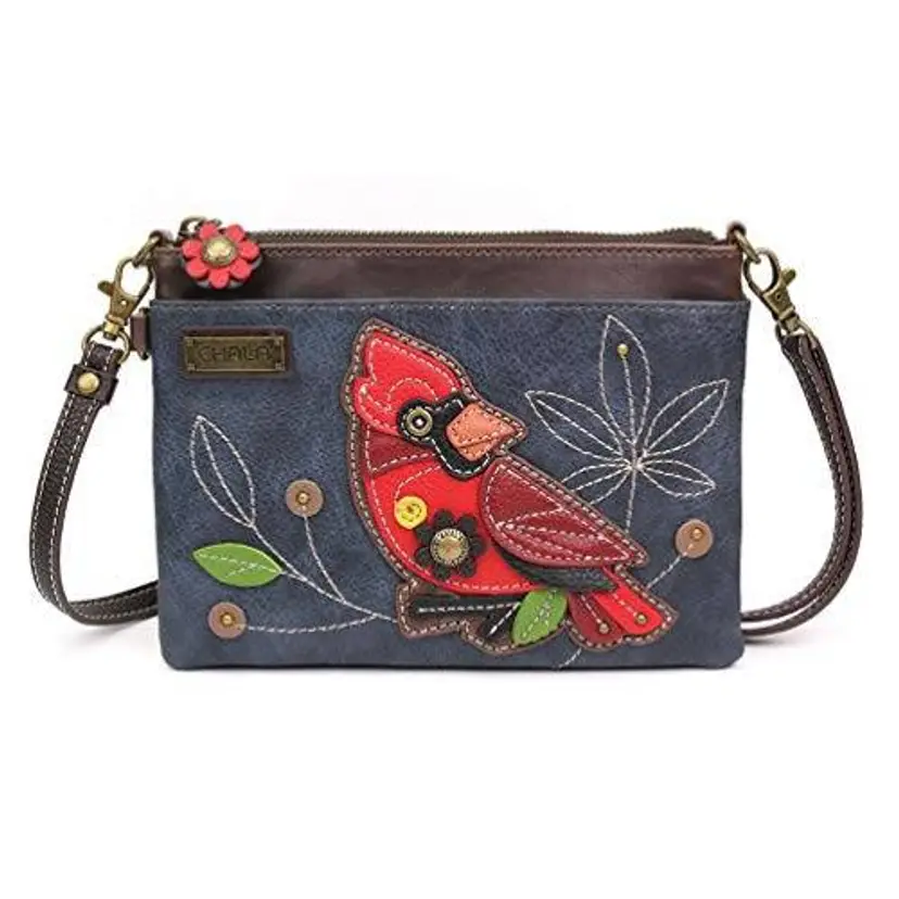 Chala Navy Convertible Crossbody Purse With Cardinal Design & Flower Zipper Pull