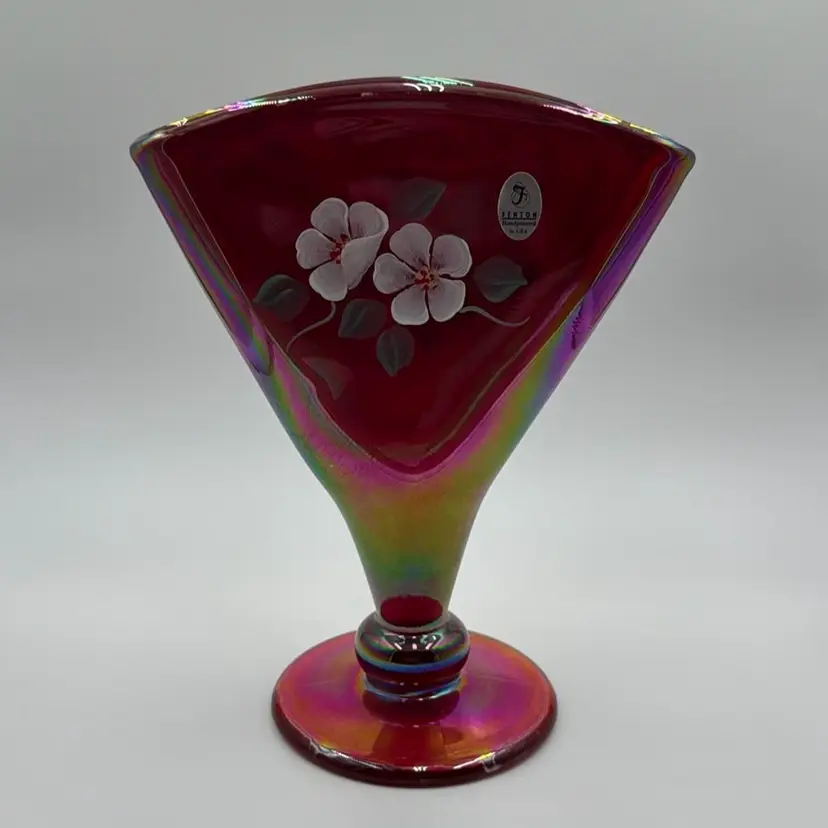 Fenton 2001 Damask Rose on Red Carnival Fan Vase # 1136 RM