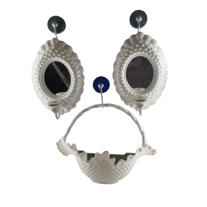 Vintage Wall Pocket Basket Mirror Set3pc Decor Faux Milk Glass Hobnail By Burwood USA 1995Cottage Granny Core