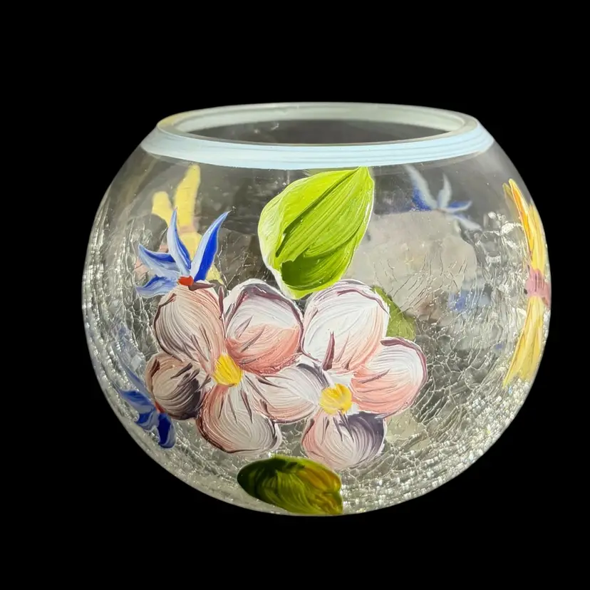 Vtg Fairy Light Candle Holder Crystal Crackle Glass Hand Painted Multicolor Floral With Dragonfly
4” H x 4” W