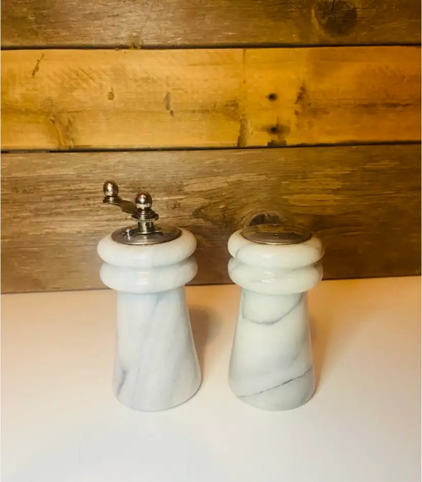 Vintage White Marble with Gray Veins Salt Shaker and Pepper Mill Set French Country European Classic Modern Farmhouse