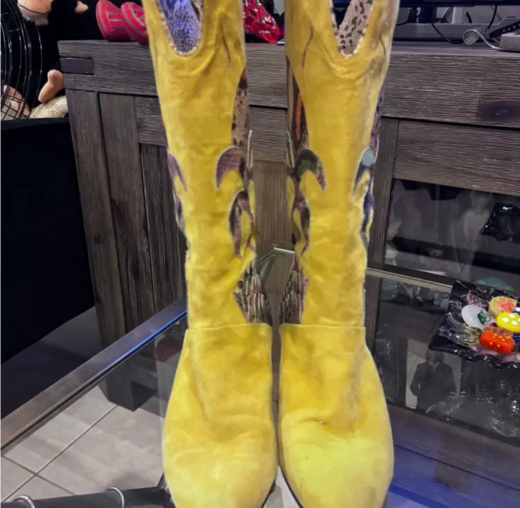 Vintage 80s Designer Yellow Suede and Skin Boots made in Italy Size 36