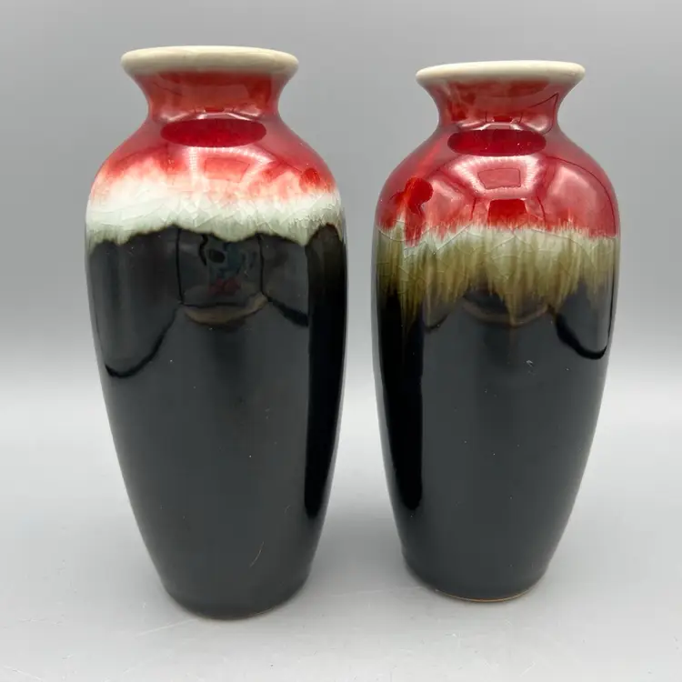 2 HOSLEY TM POTTERIES Drip Glazed Bud Vases Red Brown Vintage Art Pottery 6”