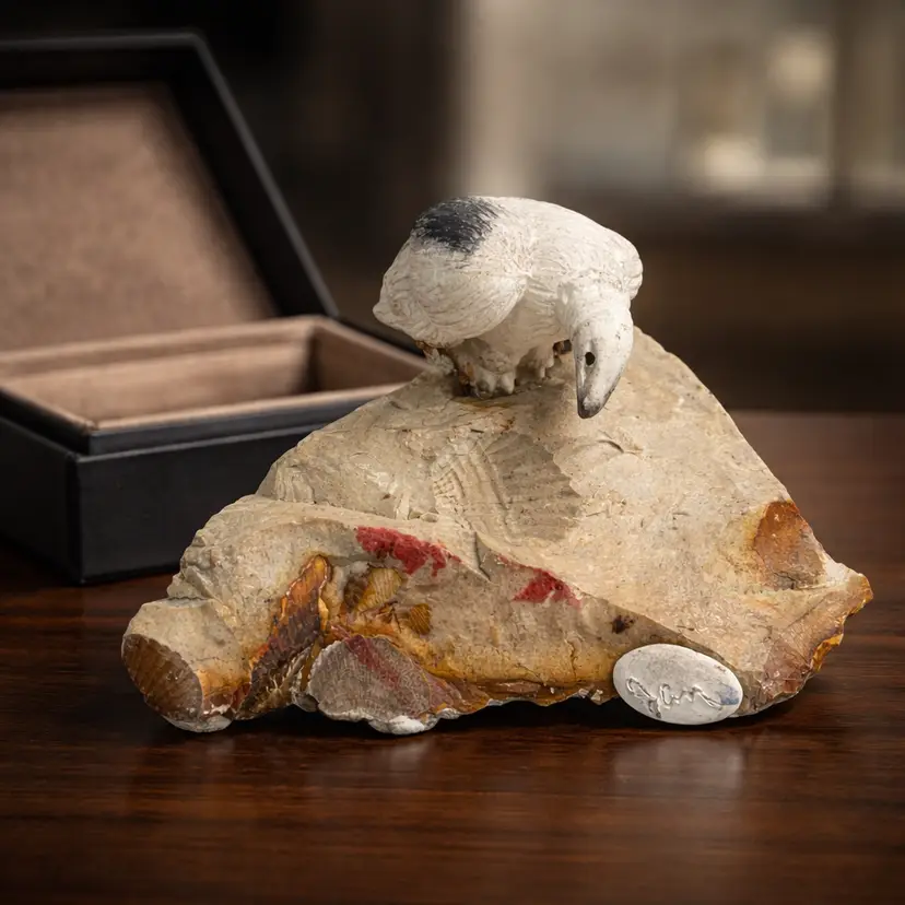 Mixed Media Sculpture With Carved Bird Resting on Natural Stone Base