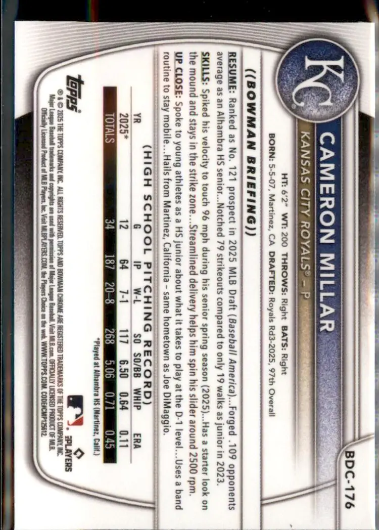 2025 Bowman Draft #BDC-176 Cameron Millar Chrome - (138) - Kansas City Royals