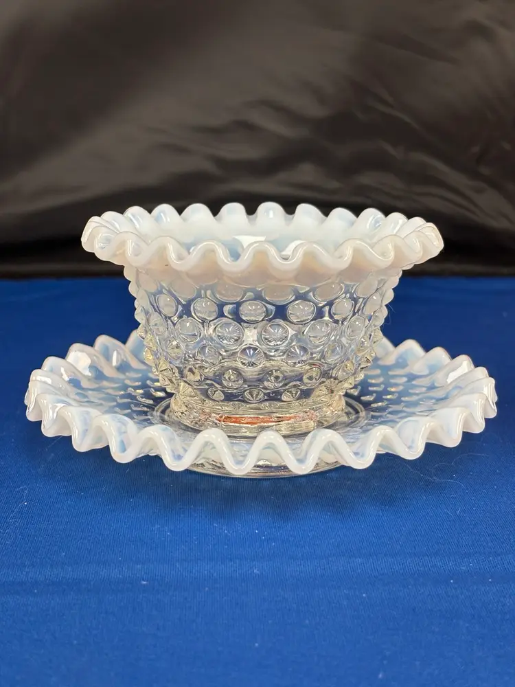 Fenton Opalescent Hobnail Mayonnaise Condiment Set Vintage EUC