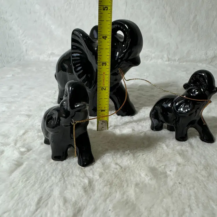 Vintage Elephant Figurine Black Ceramic Mother & Babies Trunks Up Glossy MCM