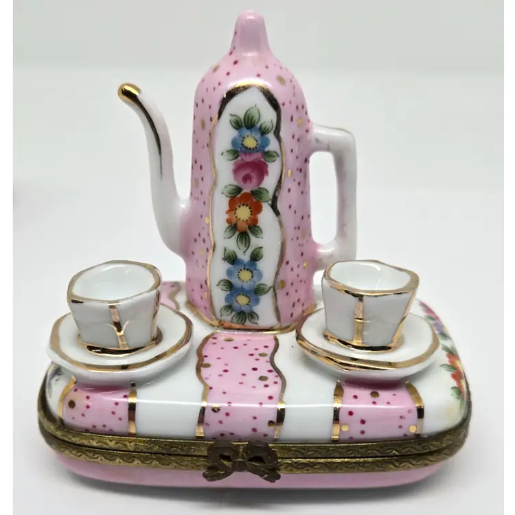 Vintage Porcelain Hinged Pill Box Miniature Tea Set, Pink & White, Flowers