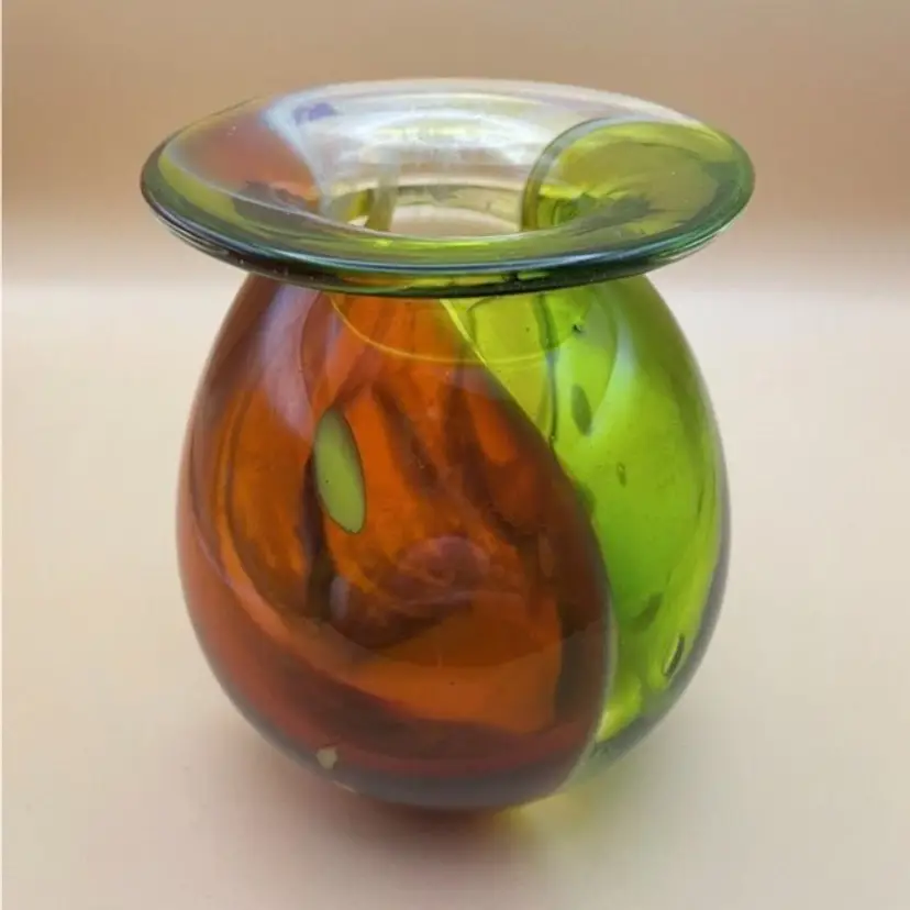 Hand Blown Art Glass Red, Green, Yellow Vase Signed
