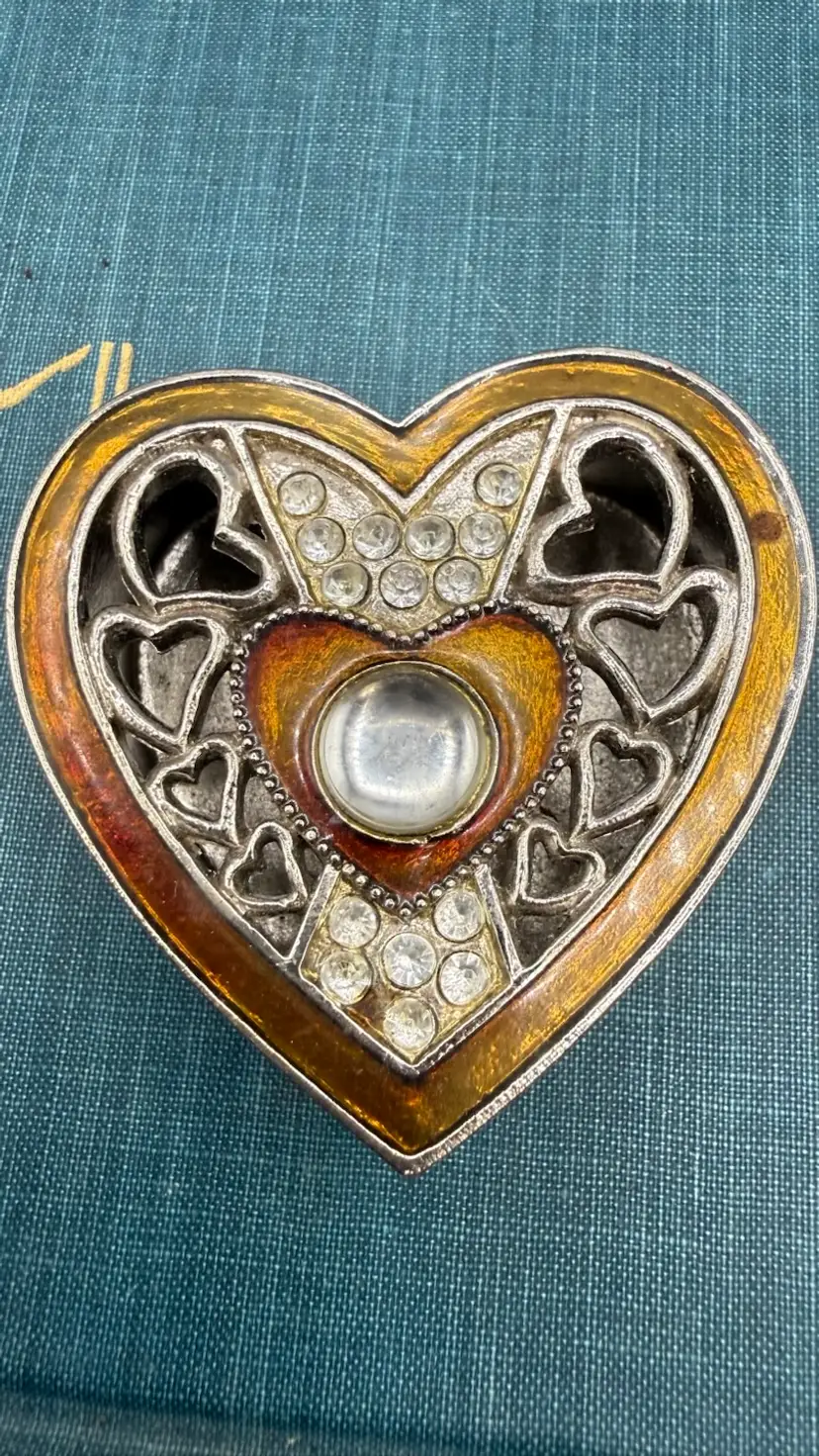 Vintage Silver Tone Heart Trinket Box - Filigree & Enamel Lid with Cabochon & Rhinestones 2"x 2"