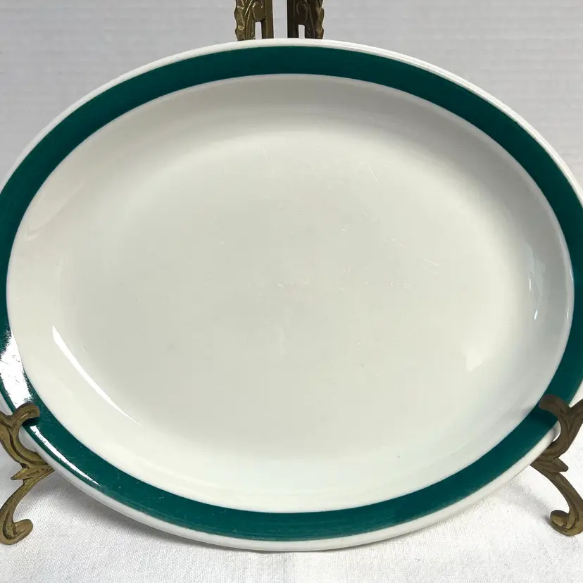 Vintage Walker China vitrified restaurant ware oval serving platter green rim