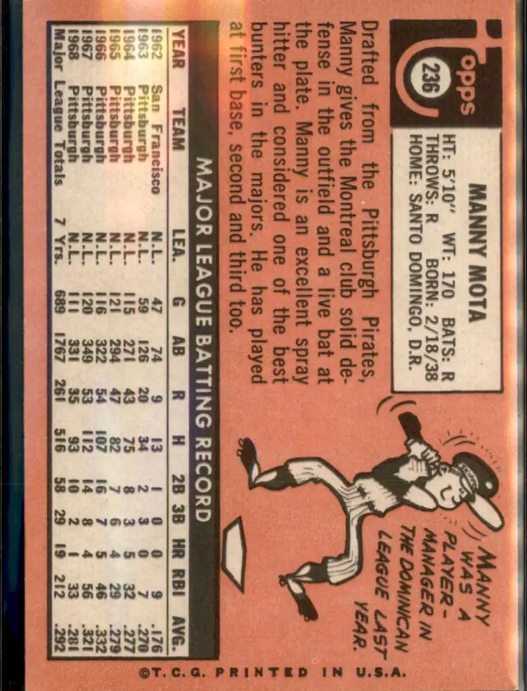 1969 Topps #236 Manny Mota - (pk3) - Montreal Expos