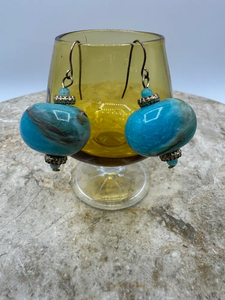 Blue Acrylic Stone Looking Fish Hook Pierced Earrings W/ Brass Tone Findings