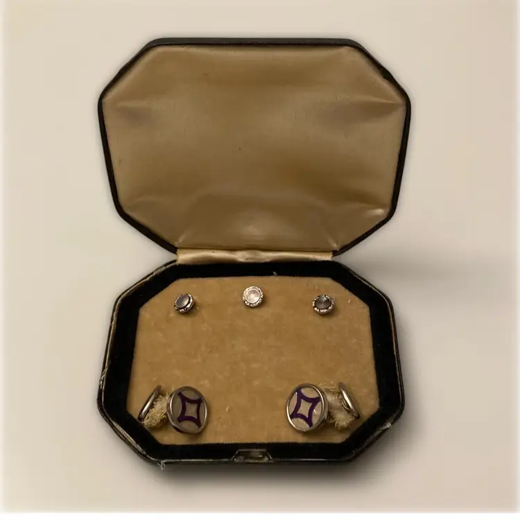 Antique Set of Antique Abalone And Silver Button Studs And Cufflinks In Box