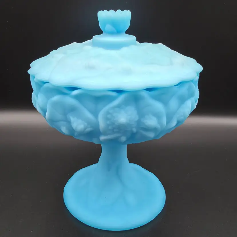 Vintage Fenton Blue Satin Glass Water Lilies Covered Compote Candy Dish