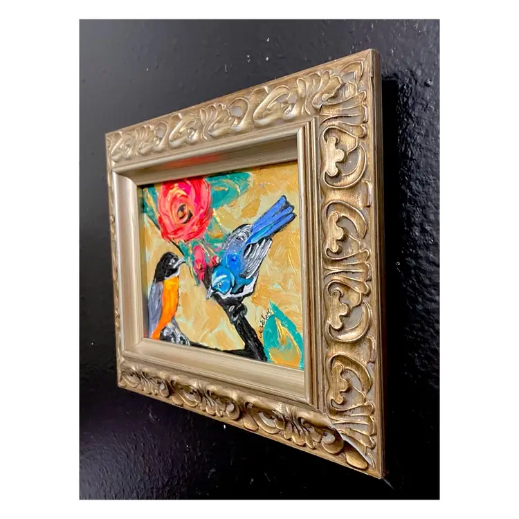 Morning Chat
Original Acrylic Painting 7”x5” In 
Beautiful Preloved 10”x9.5” Frame
Bird Art