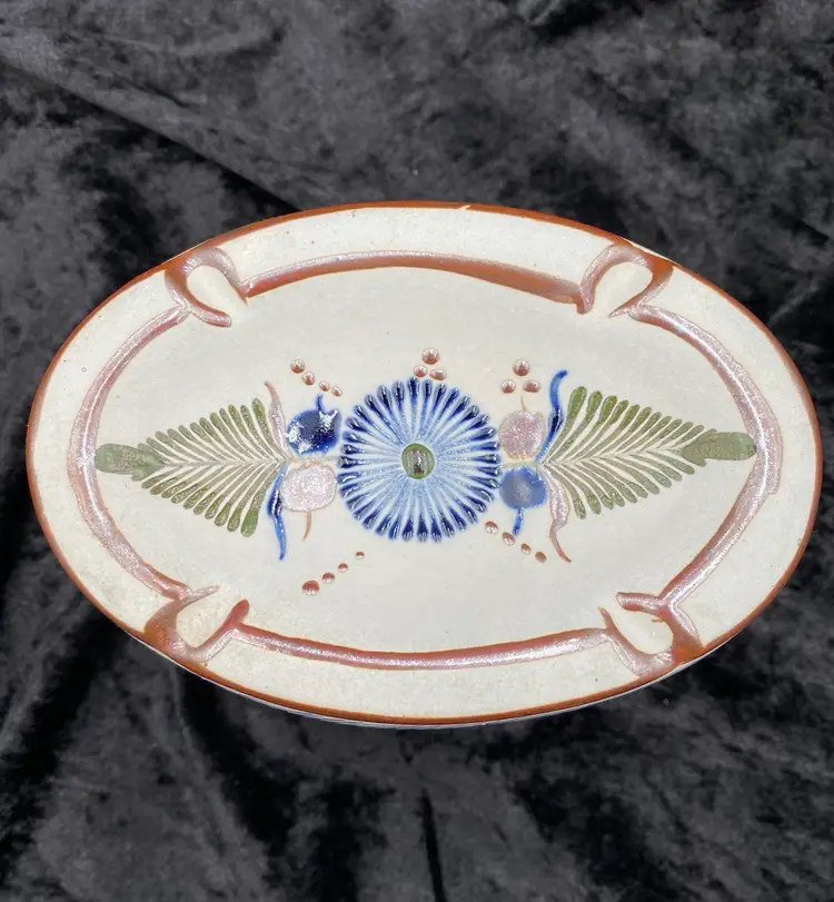Tonala Stoneware Pottery Ashtray/Trinket Dish, Floral design, Signed Santana