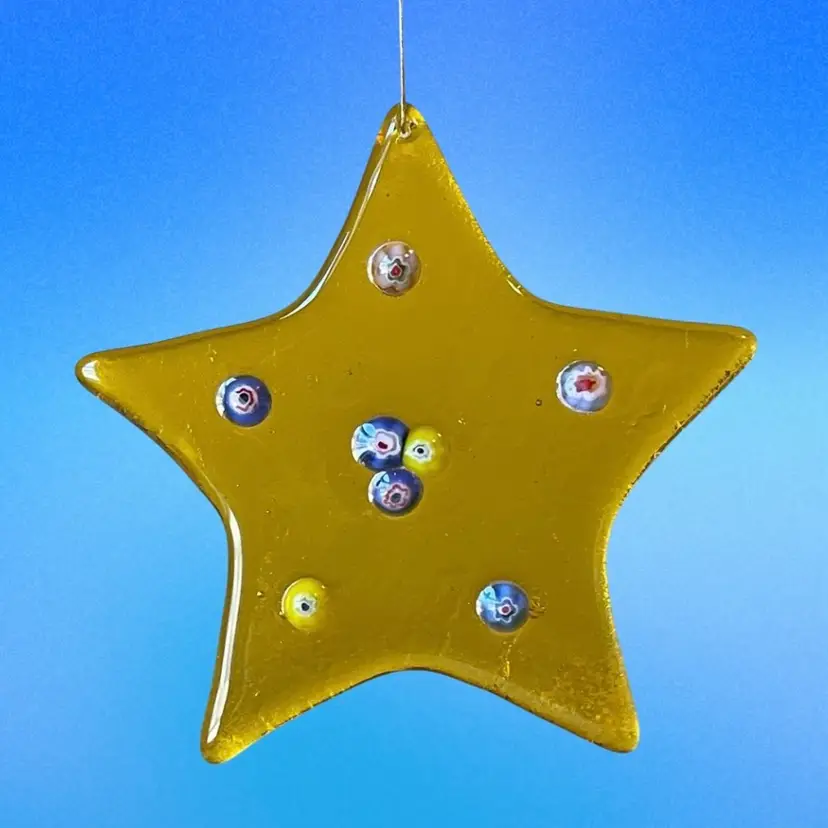 Fused Glass Star Suncatcher Ornament Yellow with Millefiori Vintage Christmas