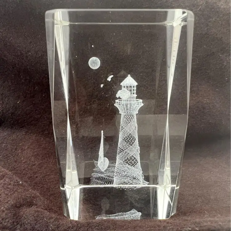 Laser Etched Crystal Cube Paperweight With Lighthouse & Sailboat Design 3" x 2"