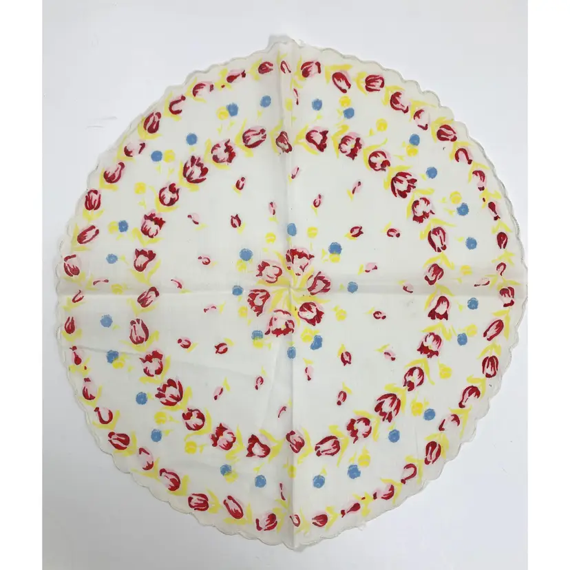Round Floral Tulip Bridesmaid Handkerchief Wedding Cottage Core Granny Vintage