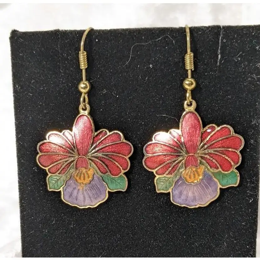 Vintage Cloisonné Enamel Flower Earrings, Gold Tone