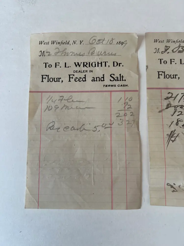 Antique General Store Receipts. 1899-1910, Mercantile Flour Feed & Salt Ephemera. FL Wright Dr.