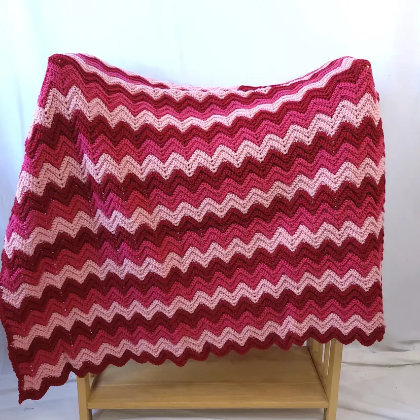 Vintage Hand Crochet Throw Blanket Pink Red Chevron Stripe 47" x 66"