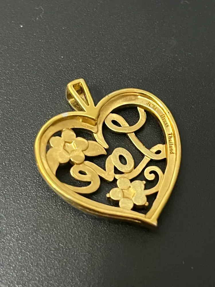 JCM Brass Love Floral Heart Pendant With Clear Pink Rhinestones