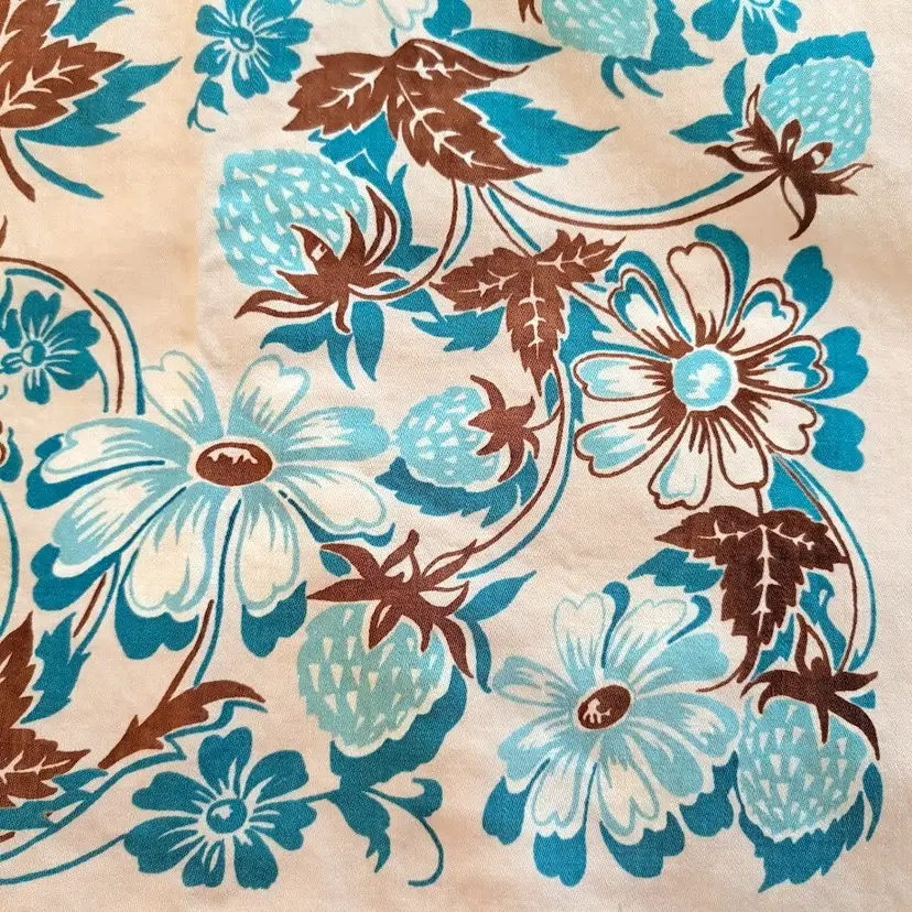 Vtg Floral & Strawberries Turquoise Brown Tablecloth 48x64” 1960’s Mid Century