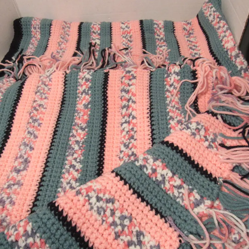 Handmade Crochet Twin Sized Fringe Throw, Pastel Pink/Grey Bedding W 47" x L 73"