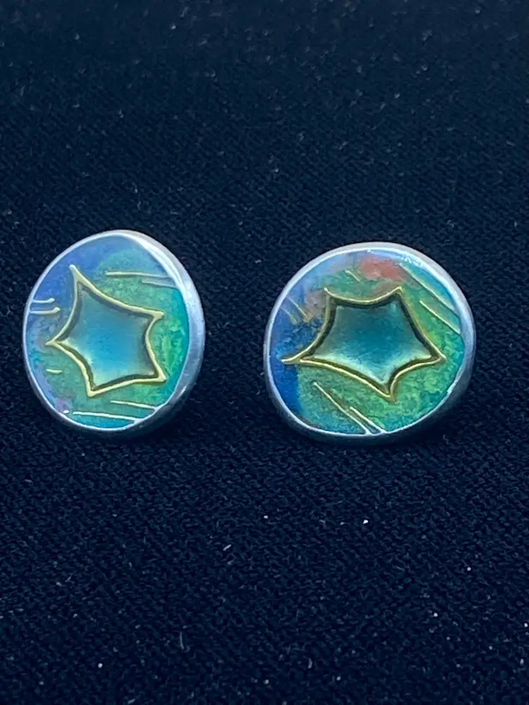 Vintage2003 Artist Signed By Rachel Price, Silver Earrings With Inlaid Stars For Pierced Ears