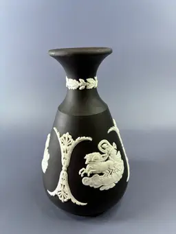 Vintage Wedgwood Bud Vase Black & White Jasperware Greek Mythology Theme 5"