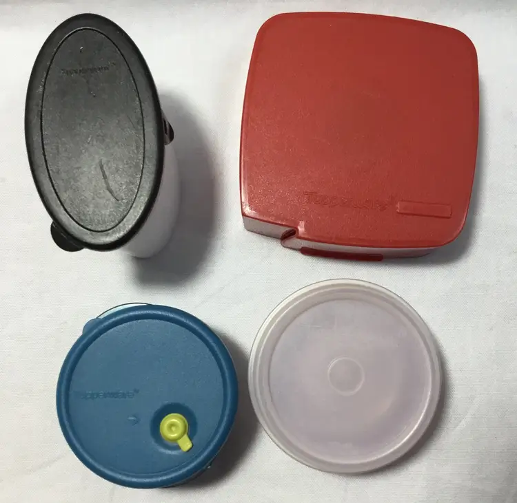 Tupperware minis lot of 4, fridge magnet, label dispenser, cereal dispenser, vtg