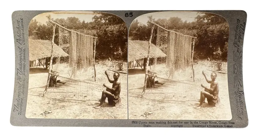 Real Photo Stereoview Stereograph Card Upoto Congo Tribe Fishing Net Underwood