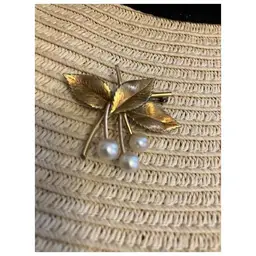 Gold Tone Leaves and Faux Pearls Pin