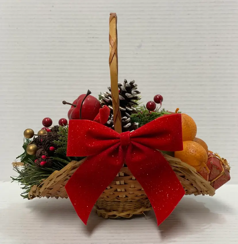 VTG Basket With Pine Cone Fruit Greenery Arrangement. Christmas