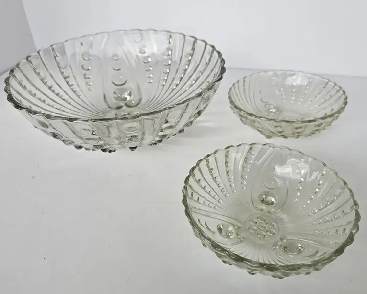 Vintage 3 Footed Berwick "Burple" Clear Glass Fruit Bowl w/ 2 Small Bowls